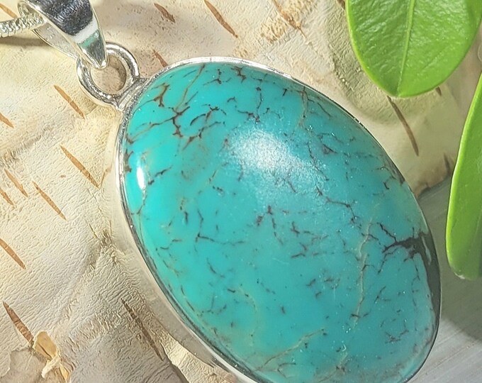 Natural High Grade Tibet Turquoise .925 Sterling Silver Pendant 7 Grams 1 5/8" x 7/8"  Bluish Green With Spiderwebs EJ31