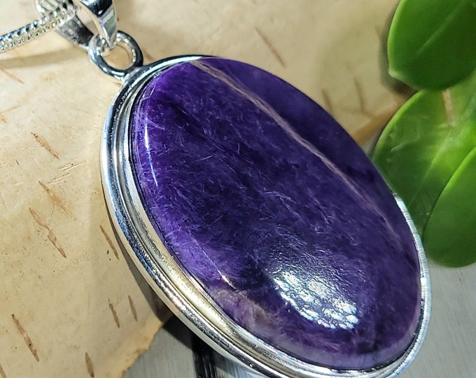 Natural High Grade Charoite Oval Handmade .925 Sterling Silver Pendant Measures 1 7/8" x 1" 12 Grams CN15 Premium Quality Gift for Her