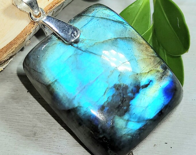 Natural Blue Flash Labradorite Cushion Cabochon .925 Sterling Silver Pendant 1 5/8" x 1" EM20 Heavy Duty Sterling Silver Bail