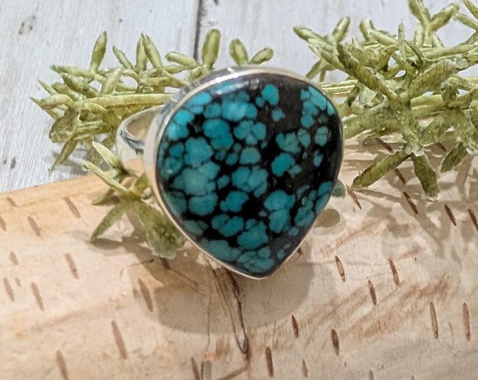 Handmade Pear Tibetan Turquoise Sterling Silver Ring - Size 7.5