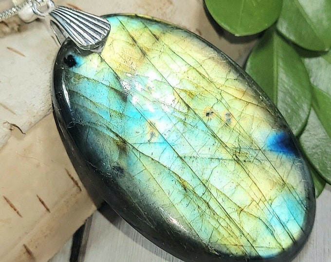 Natural High Grade Large Multi-Flash Labradorite .925 Sterling Silver Pendant  2 1/4" x 1 3/16" EP18 Heavy Duty Designer Style Bail