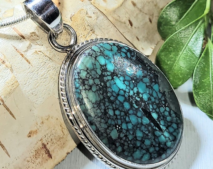 Natural Best Grade Tibet Turquoise Handmade .925 Sterling Silver Pendant 9 grams 1 5/8" x 7/8" AN07 Bluish Green
