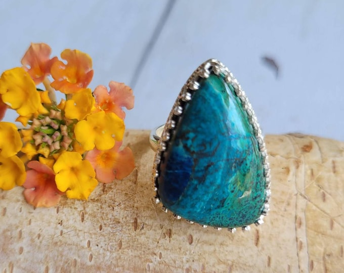 Shattuckite Sterling Silver Ring, Crown Prong Setting, Quality Shattuckite Ring. Sterling Silver Handmade Boho Ring, Size 7.5