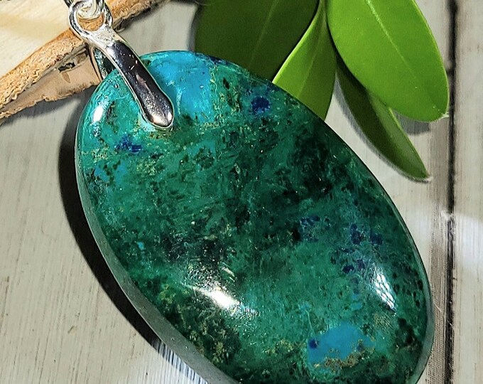 Natural High Grade Chrysocolla Cabochon .925 Sterling Silver Pendant 1 1/2" x 3/4"  EL27 Sterling Silver Bail