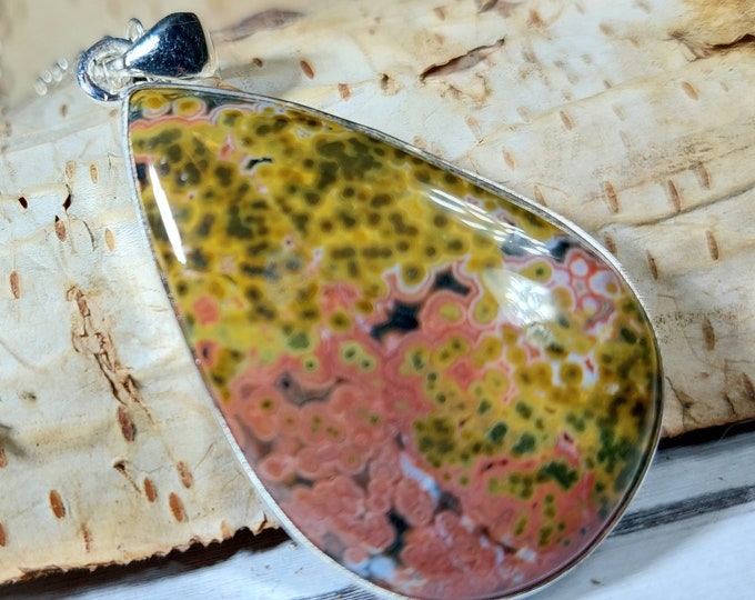 Natural Premium Grade Ocean Jasper Handmade Pear-Shaped Pendant .925 Sterling Silver Setting Pendant GM05
