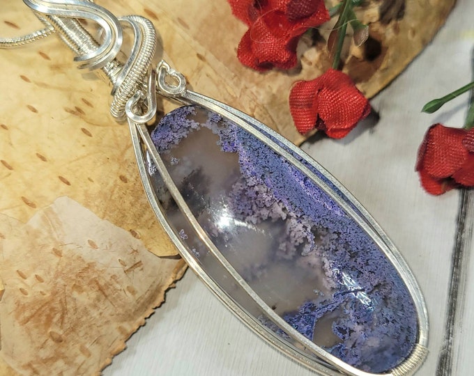 Natural Purple Moss Agate Pendant,  Wire Wrapped .925 Silver Pendant, Sterling Silver Wire Wrapped pendants, Handmade Stone Jewelry DC01