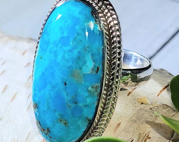 Natural Arizona Turquoise and .925 Sterling Silver Handmade Ring Size 7.5 weighs 11 grams.  Stone is 1 1/4" x 3/4"