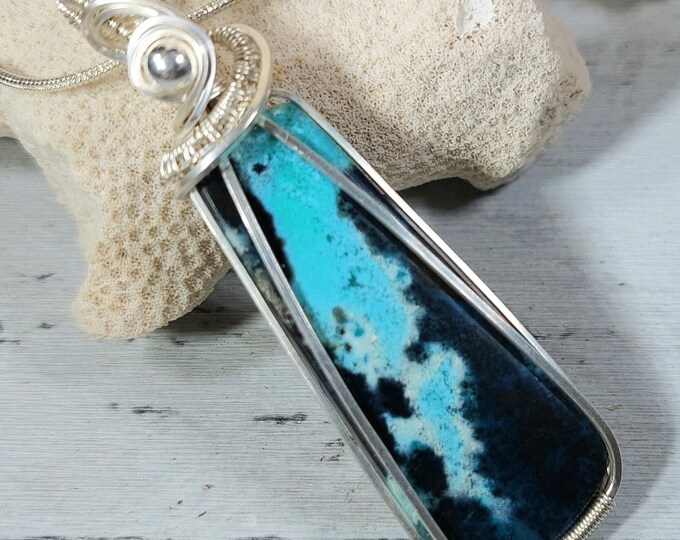 Blue Opalized Wood Pendant, Blue Petrified Wood Pocket Druzy Wire Wrapped Sterling Silver Pendant, Hand Wrapped Pendant, Gift for Her, GG20