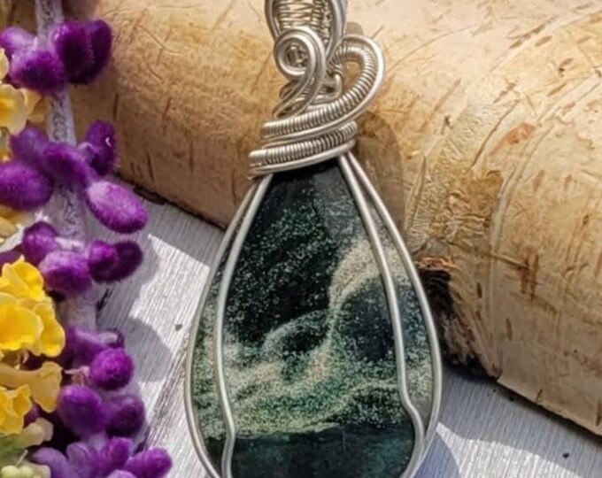 Natural Polychrome Jasper Pear wire wrapped .925 Silver Pendant, Sterling Silver Wire Wrapped pendants, Handmade Stone Jewelry CW08