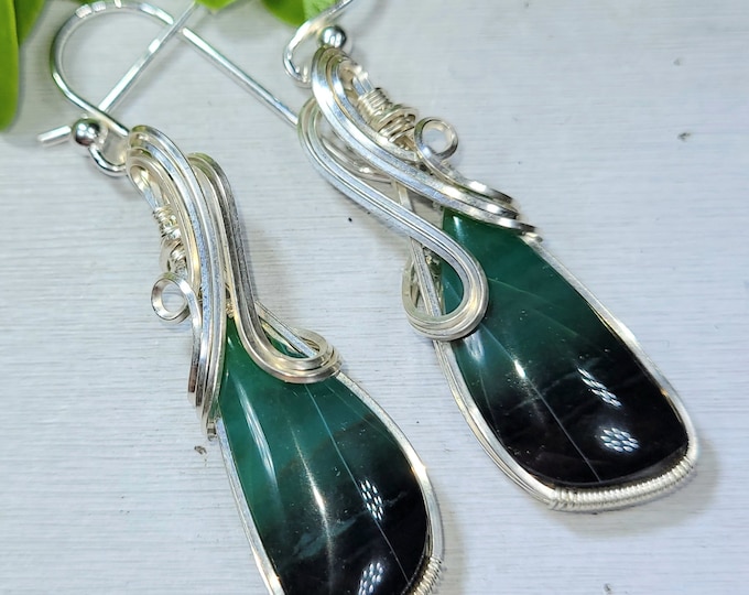 Blue Opalized Earrings, Opalized Sterling Silver Wire Wrapped Earrings, Petrified Wood Earrings, Hand Wrapped Earrings, Gift for Her FA03