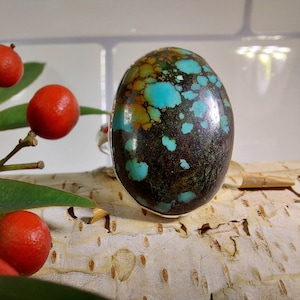 Tibetaanse Turquoise Sterling zilveren ring, Turquoise Boho Ring, Statement Ring; Handgemaakte ring, kwaliteitsringmaat 9 1/2 GT