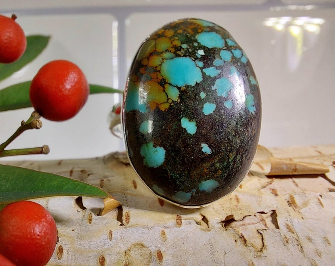 Tibetan Turquoise Sterling Silver Ring, Turquoise Boho Ring, Statement Ring; Handmade Ring, Quality Ring Size 9 1/2 GT