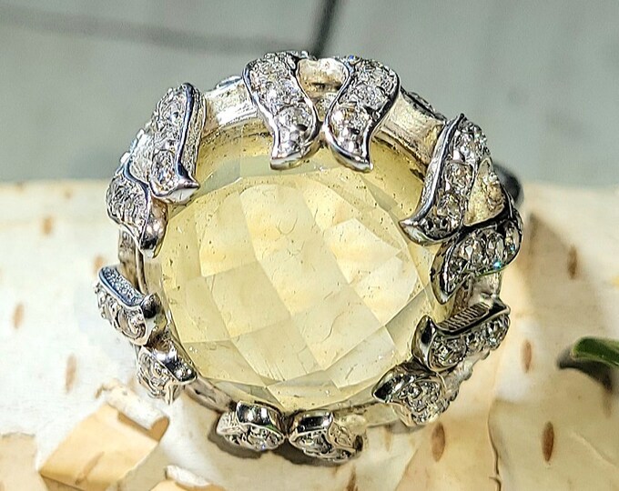 Natural Lemon Quartz & Clear Zircon .925 Sterling Silver Ring Size Adjustable 6.5-7.5 12 Grams 3/4" Round F17
