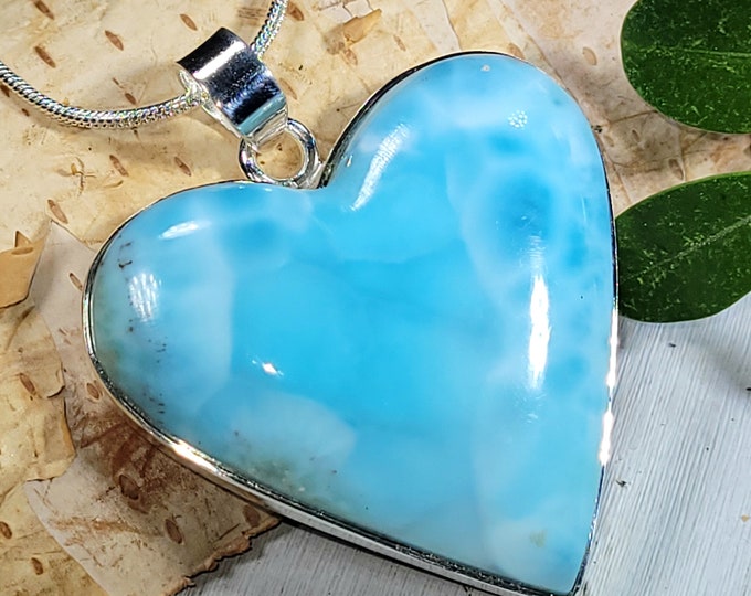 Natural High Grade Heart Dominican Larimar Handmade .925 Sterling Silver Pendant 1 7/8" x 1 1/2" 19 grams CS01 Genuine Larimar Gift for Her