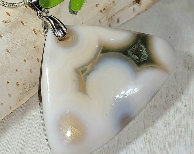 Natural AA Ocean Jasper Freeform Cabochon .925 Sterling Silver Pendant 1 5/8" x 1 3/4" EH28 Sterling Silver Rhodium Plated Bail