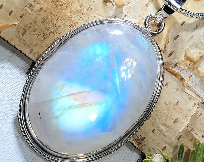 Natural AAAA Grade Multi Full Flash Rainbow Moonstone .925 Sterling Silver Pendant Measures 2 3/16" x 1 1/4" Weighs 22 Grams AK32