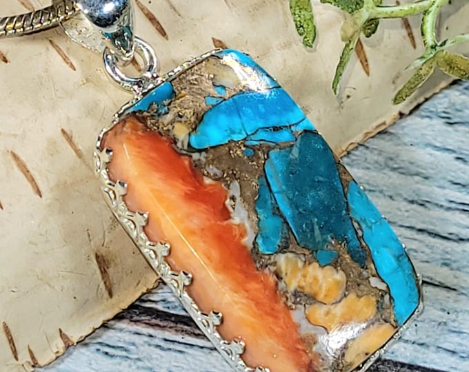 Handmade Spiny Oyster Copper Turquoise Sterling Silver Pendant