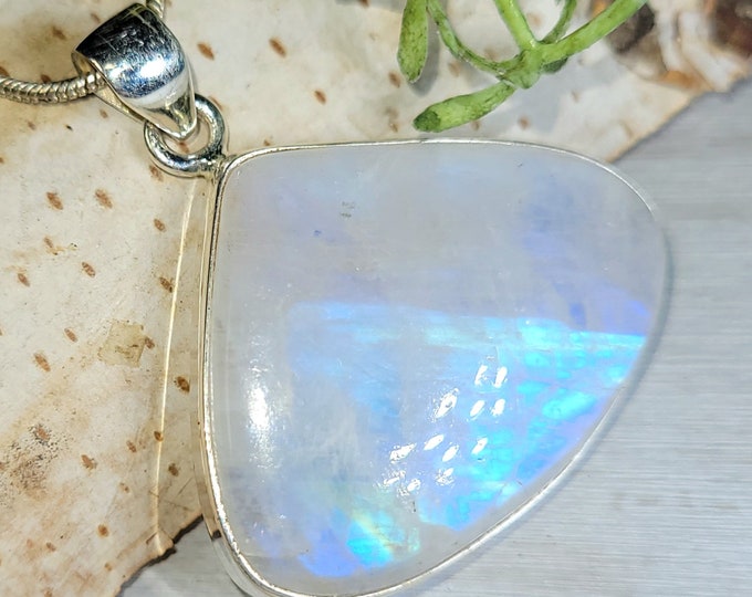 Moonstone Pendant, Rainbow Moonstone Pear Cabochon Sterling Silver Pendant, Multi Color Flash, Gift for Her, Handmade Pendant, GF07