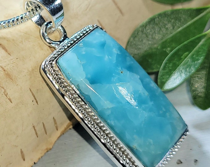Natural High Grade Hemimorphite Rectangle Handmade .925 Sterling Silver Pendant 9 grams 1 5/8" x 11/16" CN39 Gift for Her