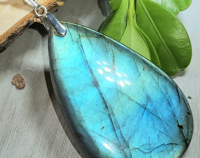 Natural Top Grade Blue Flash Labradorite Pear Cabochon  .925 Sterling Silver Pendant 2 1/4" x 1" LB14