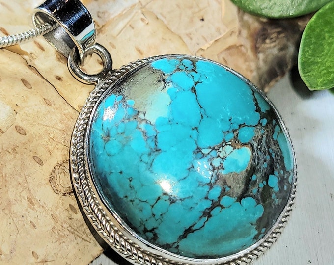 Natural High Grade Tibet Turquoise Handmade .925 Sterling Silver Pendant 11 grams 1 5/8" x 1 3/16" AM22 Bluish Green