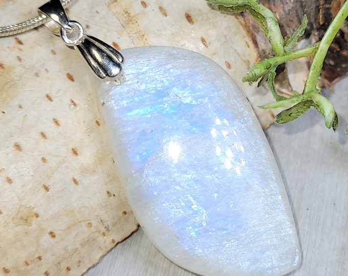 Moonstone Pendant, Rainbow Moonstone Pear Cabochon Sterling Silver Pendant, Blue Color Flash, Gift for Her, Handmade Pendant, HA18
