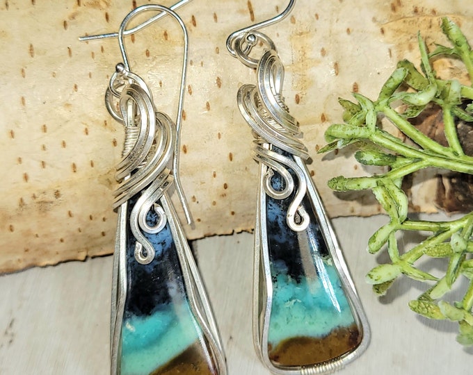 Blue Opalized Earrings, Petrified Wood Earrings, Blue Opalized Sterling Silver Wire Wrapped Earrings , Handmade Earrings, HH17, Gift for Her