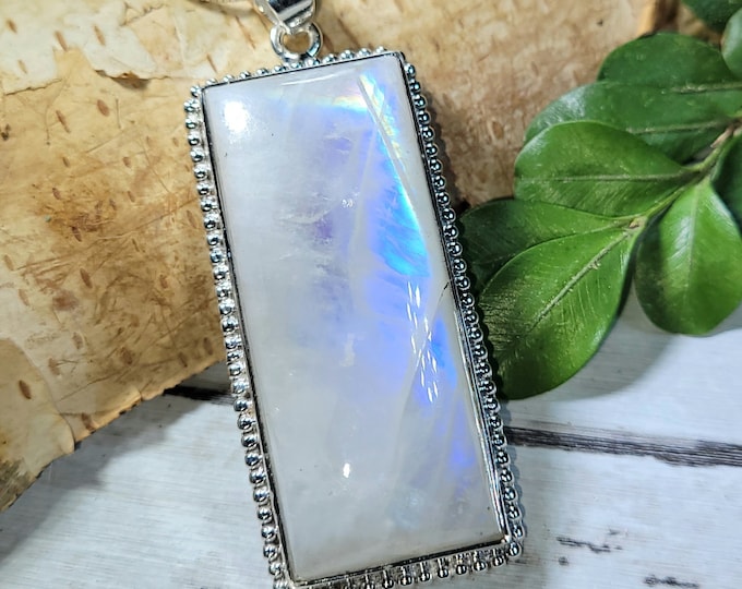 Natural Excellent Grade Blue Flash Rectangle Rainbow Moonstone .925 Sterling Silver Pendant Measures 2 1/4" x 7/8" 22 Grams CG21