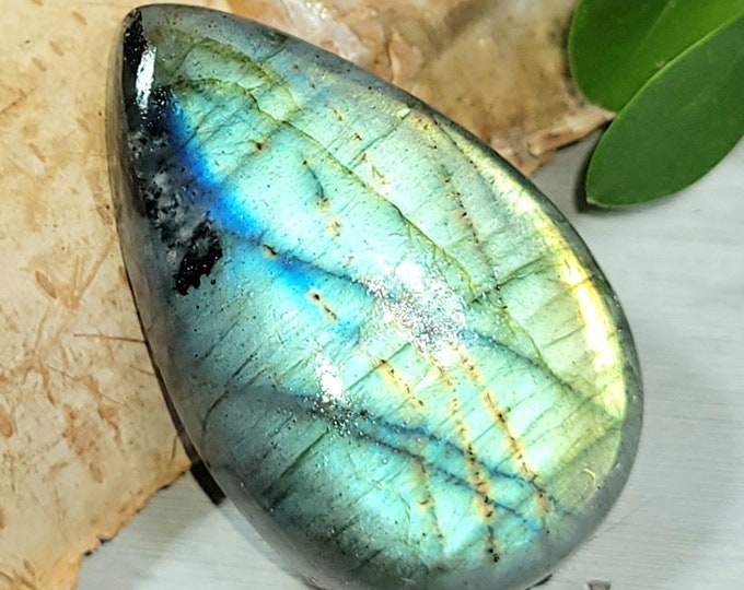 Natural Best Grade Bluish Green Flash Labradorite Pear Cabochon 40ct 8 Grams 33mm x 21mm Wire Wrapping, Weaving or Pendant, Collector AT04