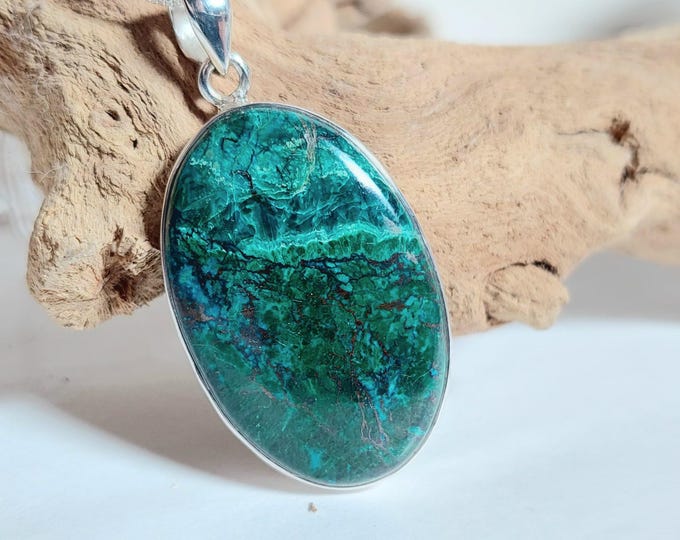 Handmade Chrysocolla Azurite Sterling Silver Statement Pendant 2 x 1, 15g, JV43