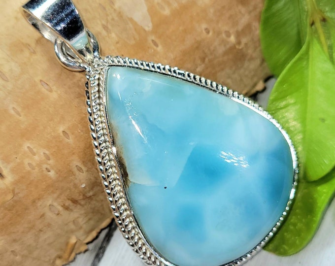 Handmade Pear Larimar Sterling Silver Pendant: Dominican Boho Jewelry