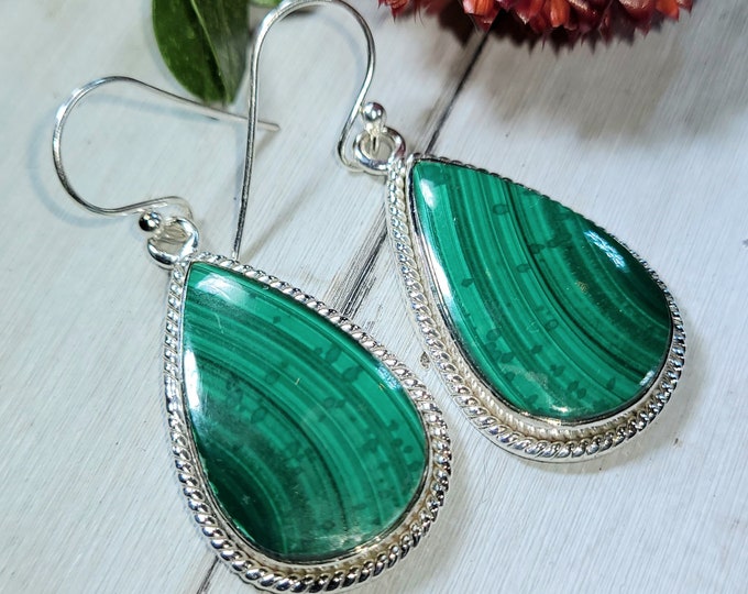 Natural Top Quality Malachite Handmade Pear .925 Sterling Silver Earrings 12 Grams 1 3/4" x 3/4" CS21
