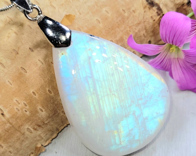 Moonstone Pendant, Rainbow Moonstone Pear Cabochon Sterling Silver Pendant, Full Multi Flash Moonstone, Gift for Her, Handmade Pendant, FA37