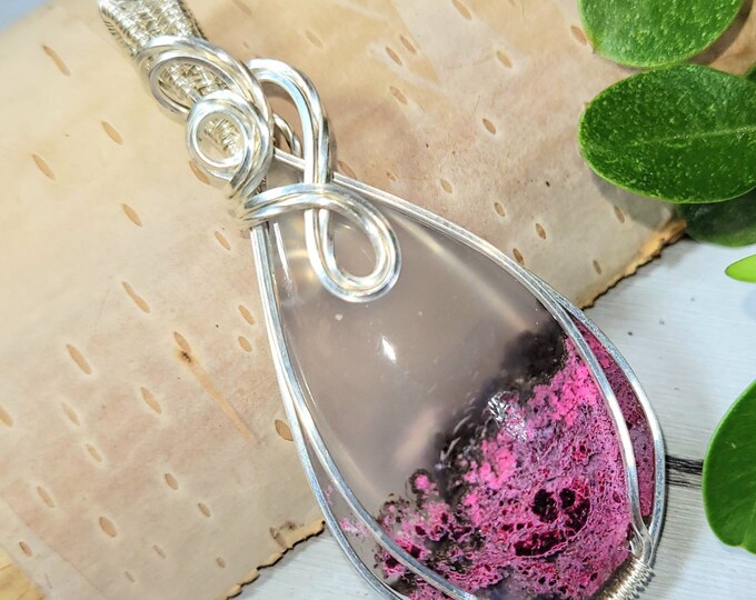 Purple Pink moss agate pendant, purple pink moss agate wire wrapped pendant, moss agate wire wrapped pendant, Sterling Silver wire wrap DG