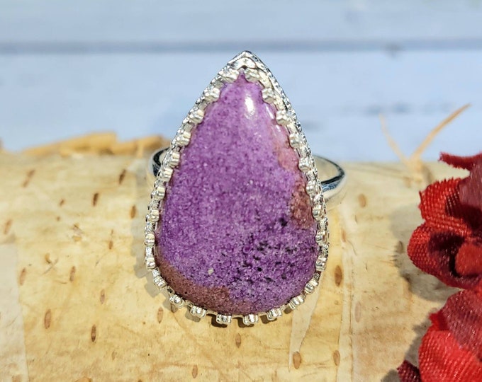 Natural Handmade Pear Stichtite Crown Prong Sterling Silver Ring Size 7.25 Genuine Stone & Boho Ring