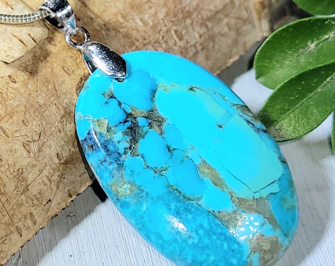 Natural Best Grade Arizona Kingman Turquoise Oval Cabochon .925 Sterling Silver Pendant Solid Sterling Silver Bail Gift for Her Mother's Day