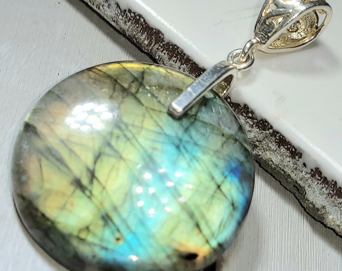 Natural Top Choice Multi Flash Labradorite Round Cabochon .925 Sterling Silver Pendant 2" x 1 1/4" EE27 Sterling Silver Designer Bail