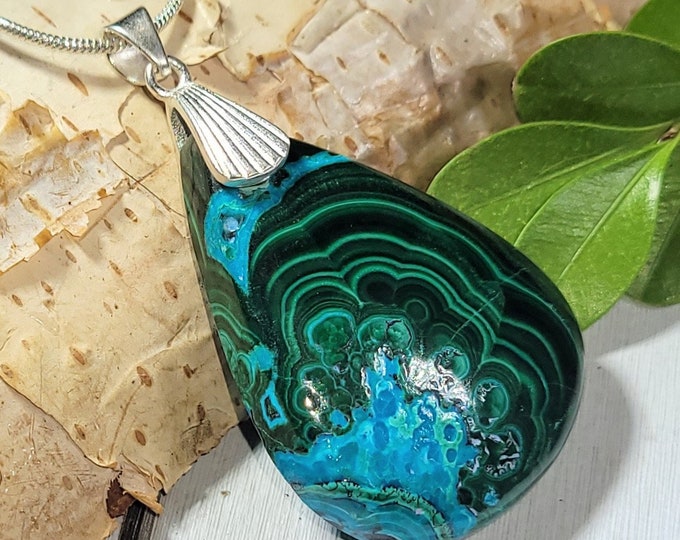 Natural AAA Chrysocolla Malachite Cabochon .925 Sterling Silver Pendant 1 7/8" x 1" 16 Grams AD22 Sterling Silver Heavy Duty Designer Bail