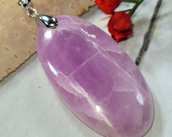 Kunzite Pendant, Kunzite Oval Cabochon Sterling Silver Pendant, 100ct, Heavy Duty Sterling Silver Bail, Handmade Pendant, Gift for Her DE54