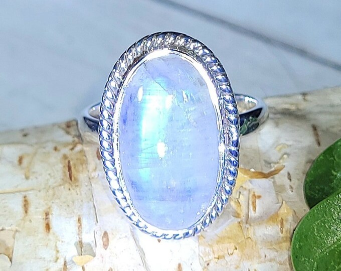 Natural High Grade Oval Moonstone .925 Sterling Silver Ring Size 7.5 6 Grams 7/8" x 9/16" EX45