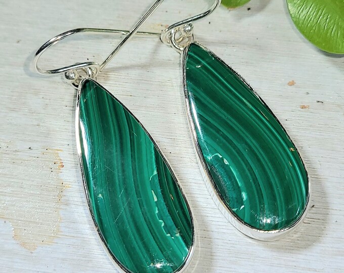 Natural Top Quality Malachite .925 Sterling Silver Earrings 9 Grams 1 3/4" x 1/12" EN11