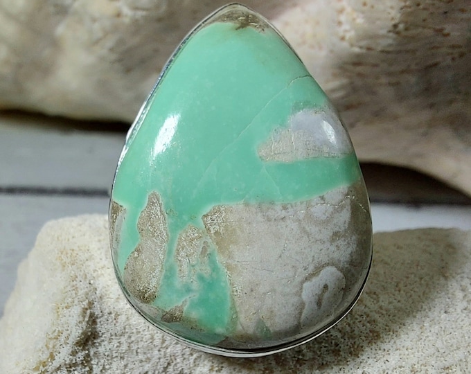 Natural Premium Variscite Sterling Silver Ring, Variscite Pear Ring Size 9.25, Statement Ring, Boho Ring, GN