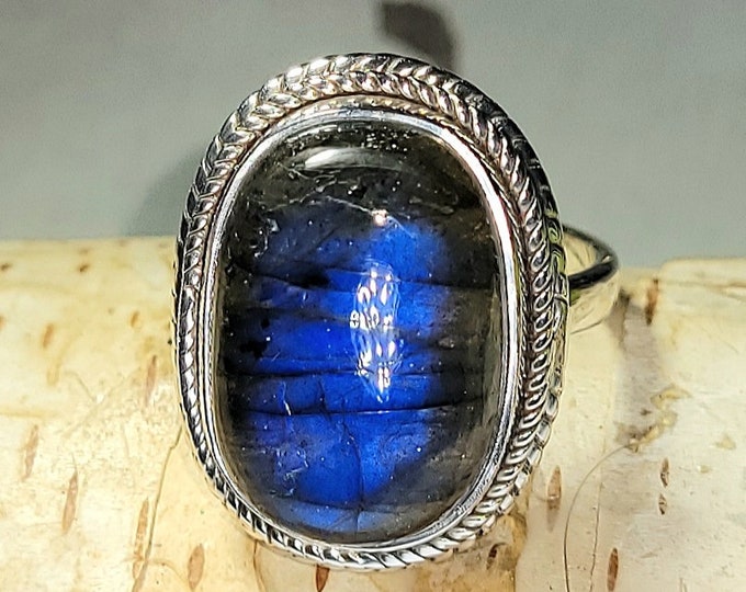 Natural Top Grade Blue Flash Oval Labradorite Handmade .925 Sterling Silver Ring Size 7.5 8 Grams 7/8" x 5/8" AL09