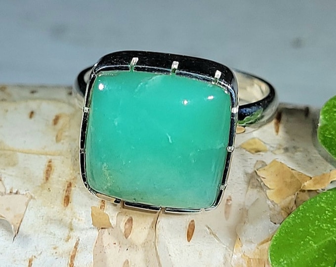 Natural High Grade Green Chrysoprase Square .925 Sterling Silver Ring Size 6.5 4 Grams 1/2" x 1/2" EY20