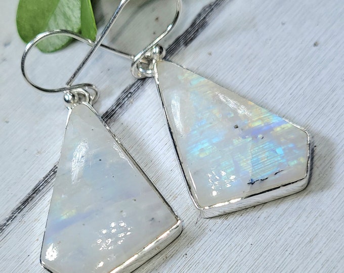 Natural Premium Grade Moonstone Handmade .925 Sterling Silver Earrings 9.6 Grams 1" x 3/4" BA09