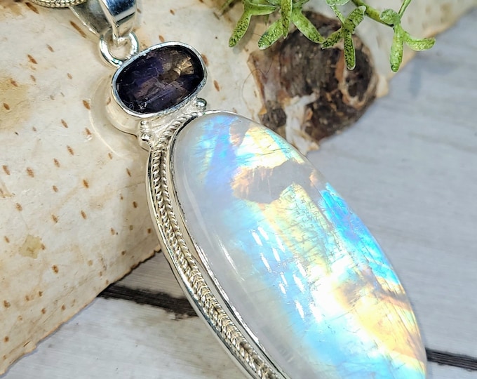Moonstone Pendant, Iolite Pendant, Rainbow Moonstone Sterling Silver Pendant, AAAA Moonstone Pendant, Gift for Her, Statement Pendant, GJ20