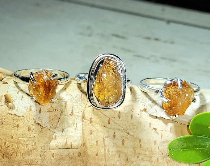 Natural Raw Rough Cut Citrine  Handmade 3 Ring Lot .925 Sterling Silver Rings Sizes from 5.5 to 7.5 12 Grams CD07