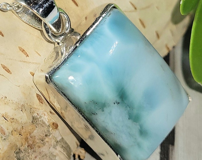 Natural Dominican Larimar Handmade .925 Sterling Silver Pendant 1 1/4" x 3/4" 9 grams EK03