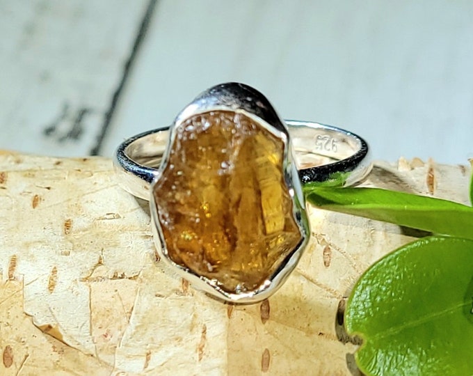 Natural Golden Orange Raw Rough Cut Citrine Handmade .925 Sterling Silver Ring Size 7.5 4 Grams 5/8" x 1/2" CD01
