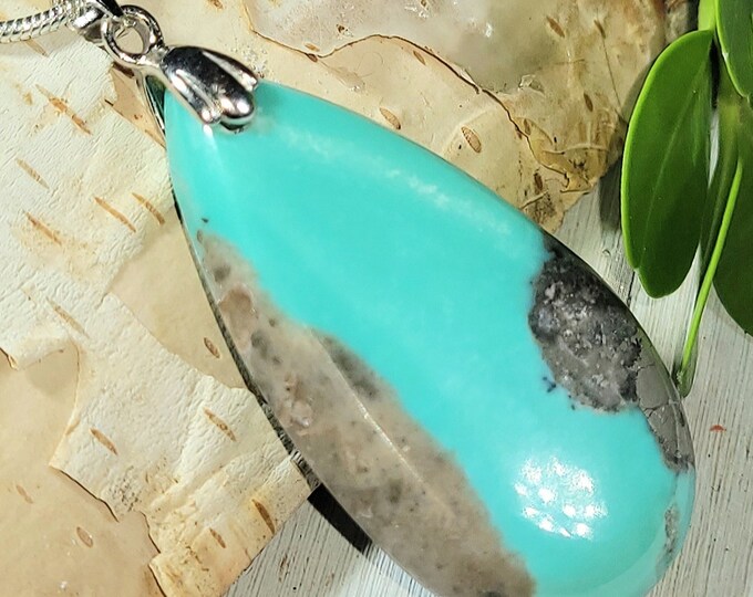 Natural High Grade Arizona Kingman Turquoise Pear Cabochon .925 Sterling Silver Pendant 1 7/8" x 13/16" EM30 Rhodium Plated Bail